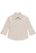 A long-sleeve button-up shirt with vertical stripes in beige and white, featuring a classic collar and button-down front.