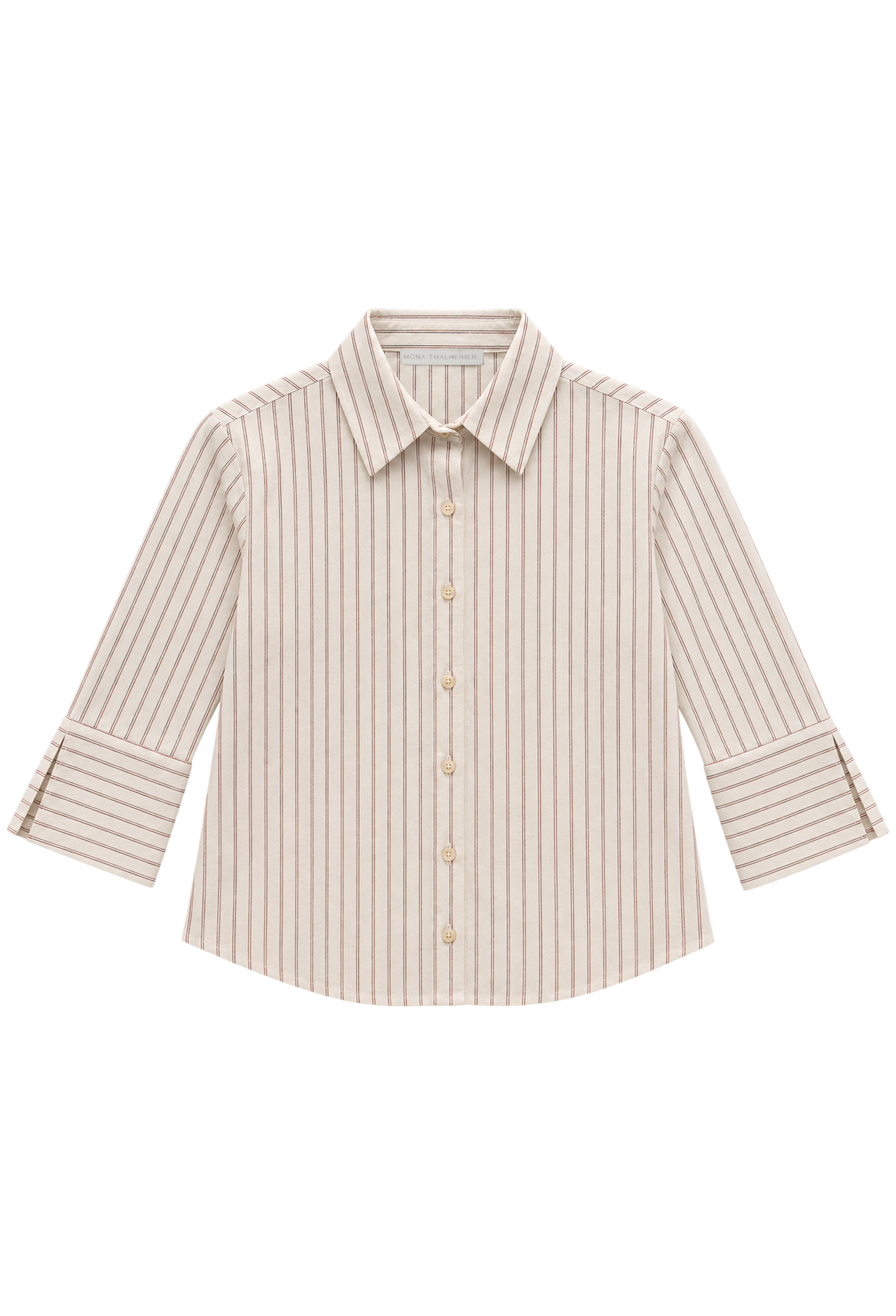 A long-sleeve button-up shirt with vertical stripes in beige and white, featuring a classic collar and button-down front.