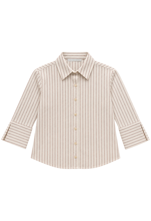A long-sleeve button-up shirt with vertical stripes in beige and white, featuring a classic collar and button-down front.
