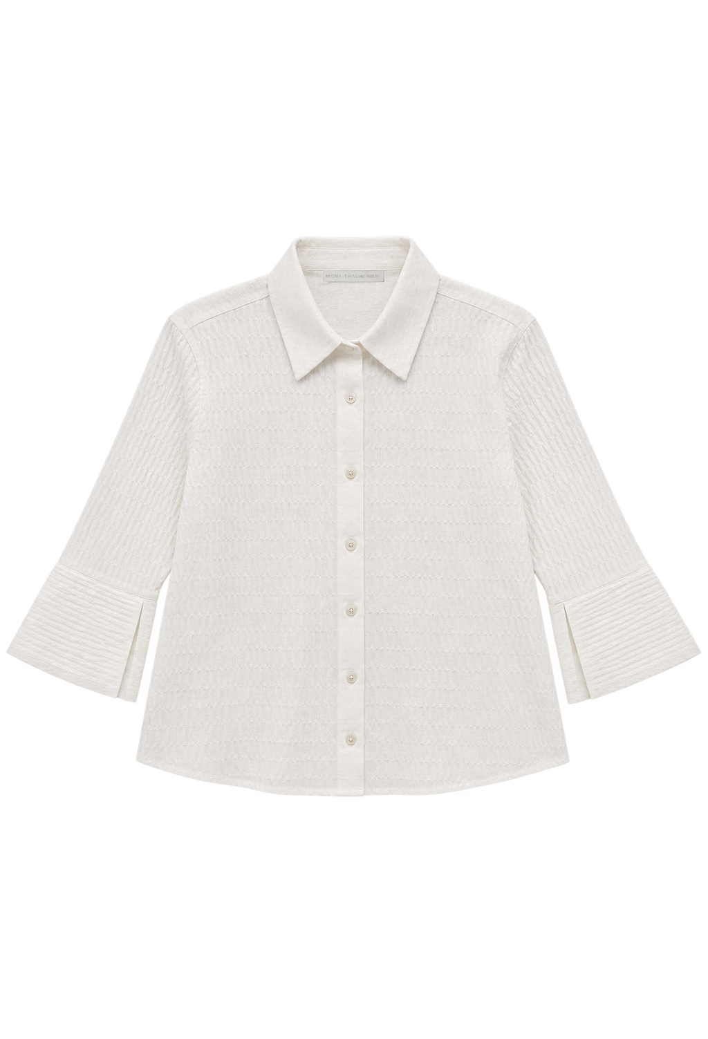 An off-white textured long-sleeve button-up shirt with a classic collar and buttoned cuffs, displayed flat against a solid white background.