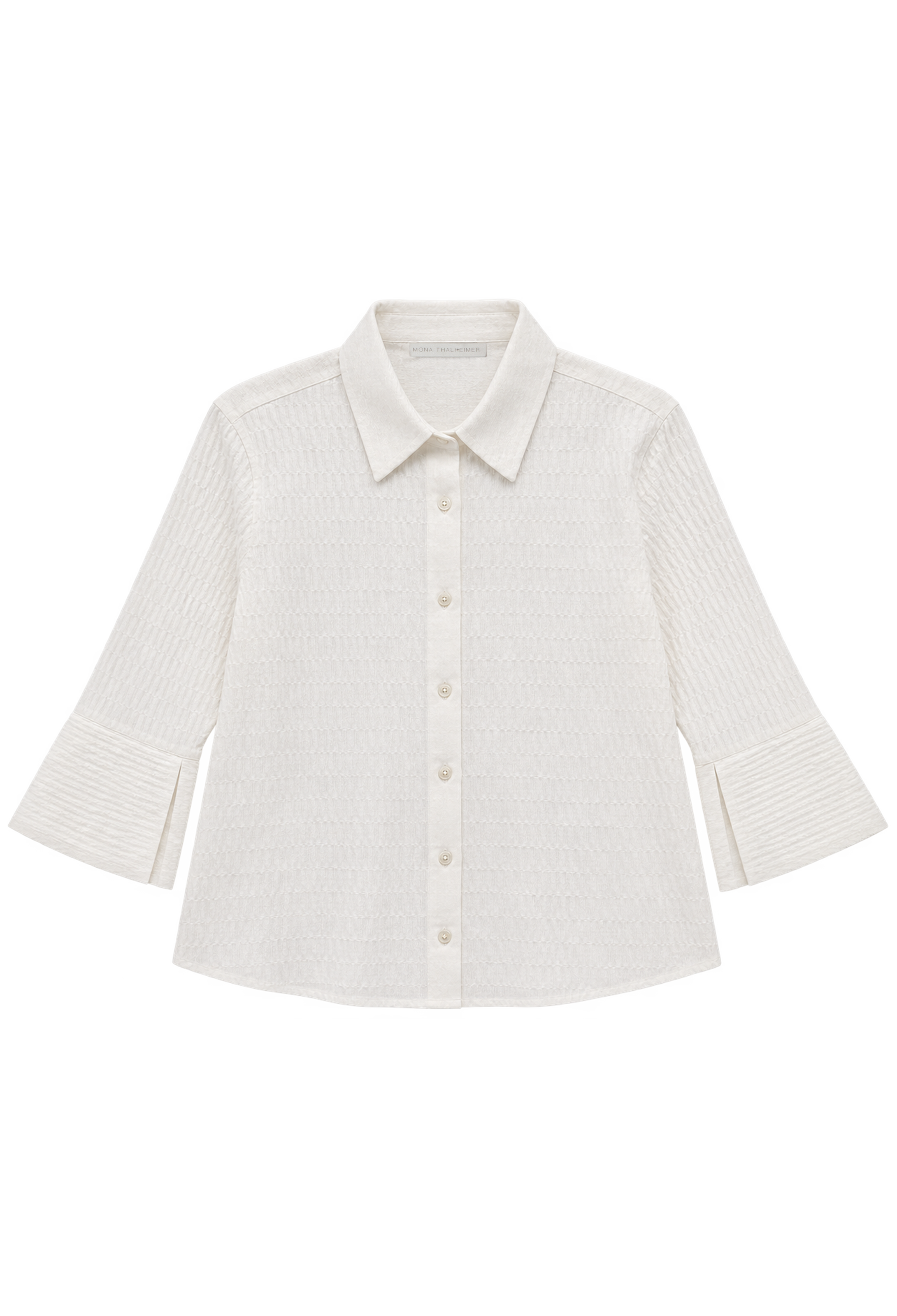 An off-white textured long-sleeve button-up shirt with a classic collar and buttoned cuffs, displayed flat against a solid white background.