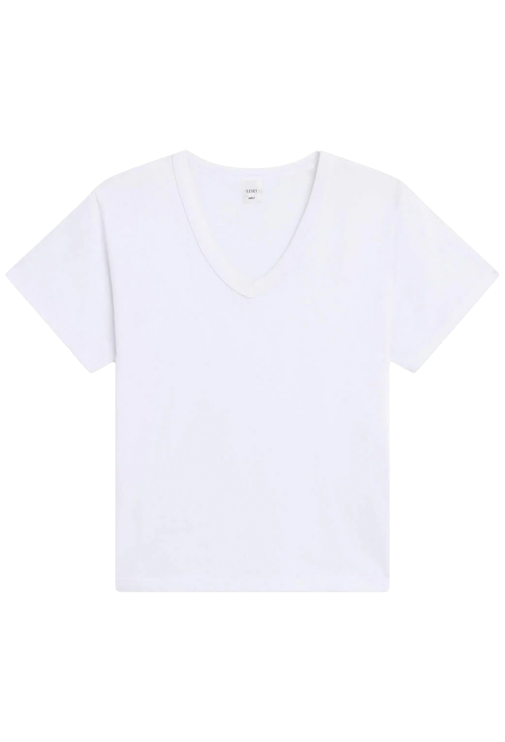 A white short-sleeve V-neck t-shirt laid flat against a solid white background.