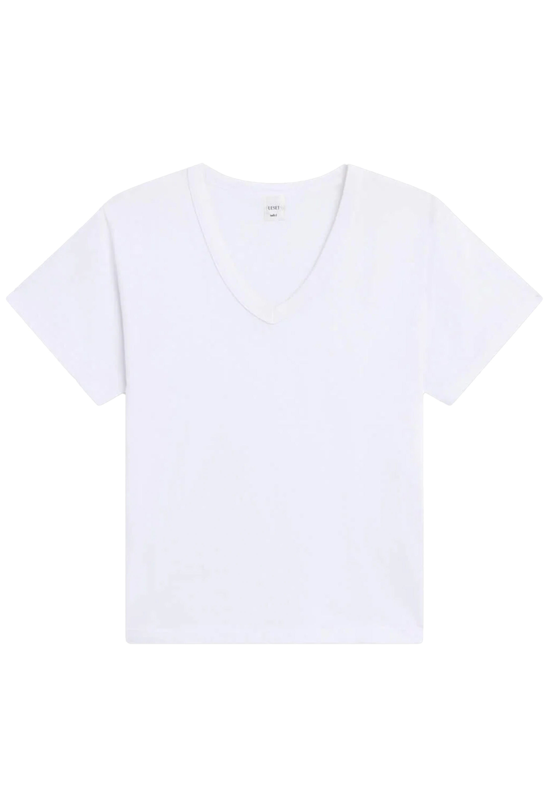 A white short-sleeve V-neck t-shirt laid flat against a solid white background.