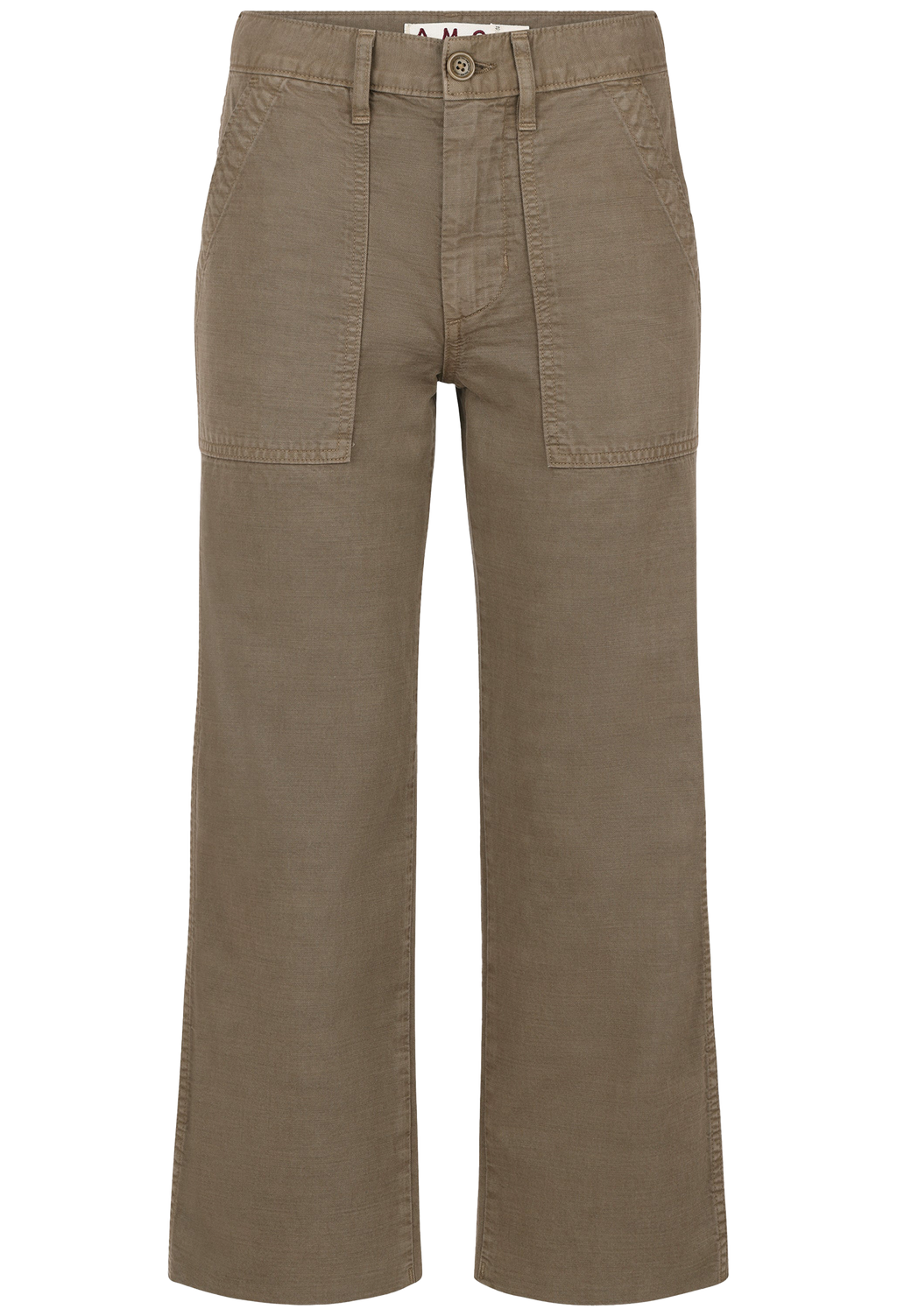 A pair of wide-leg cropped pants in a muted taupe-brown color, featuring a button closure, belt loops, and large front patch pockets, shown against a plain white background.