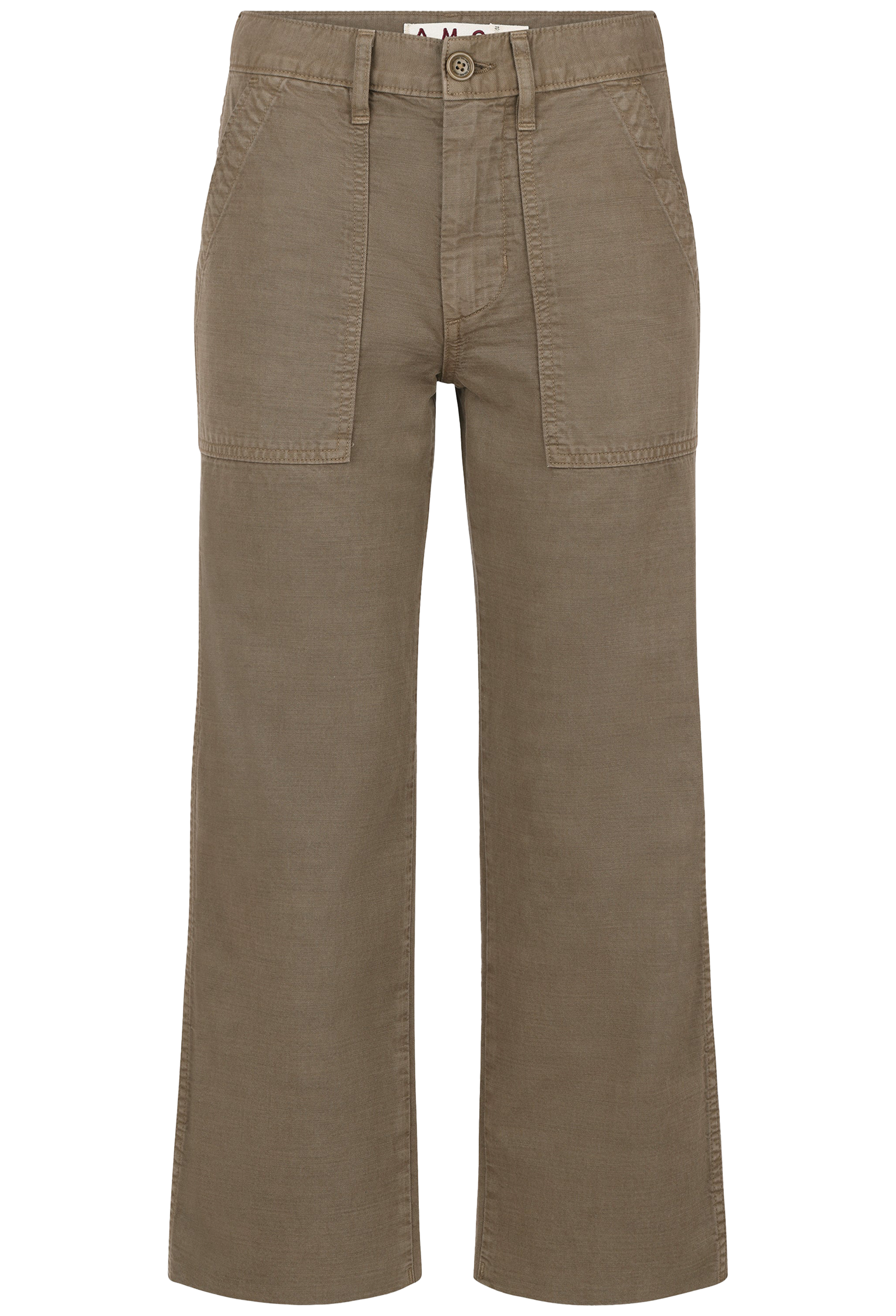 A pair of wide-leg cropped pants in a muted taupe-brown color, featuring a button closure, belt loops, and large front patch pockets, shown against a plain white background.