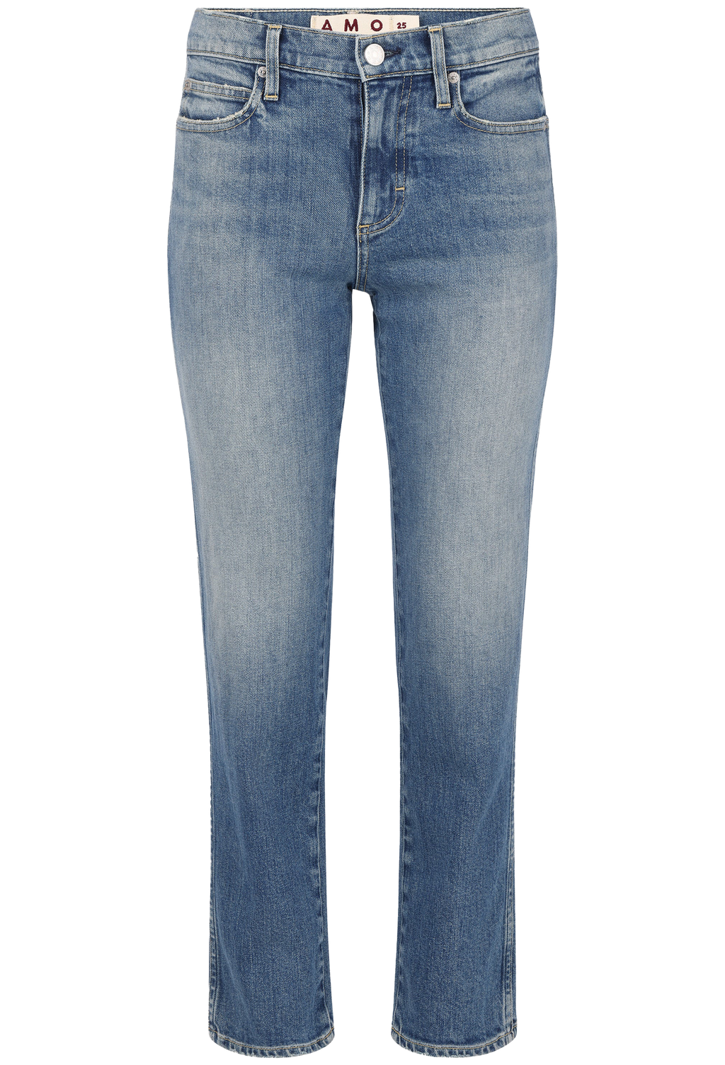 A pair of light blue denim jeans with a faded wash, featuring a straight-leg fit and a visible AMO brand label at the waistband.