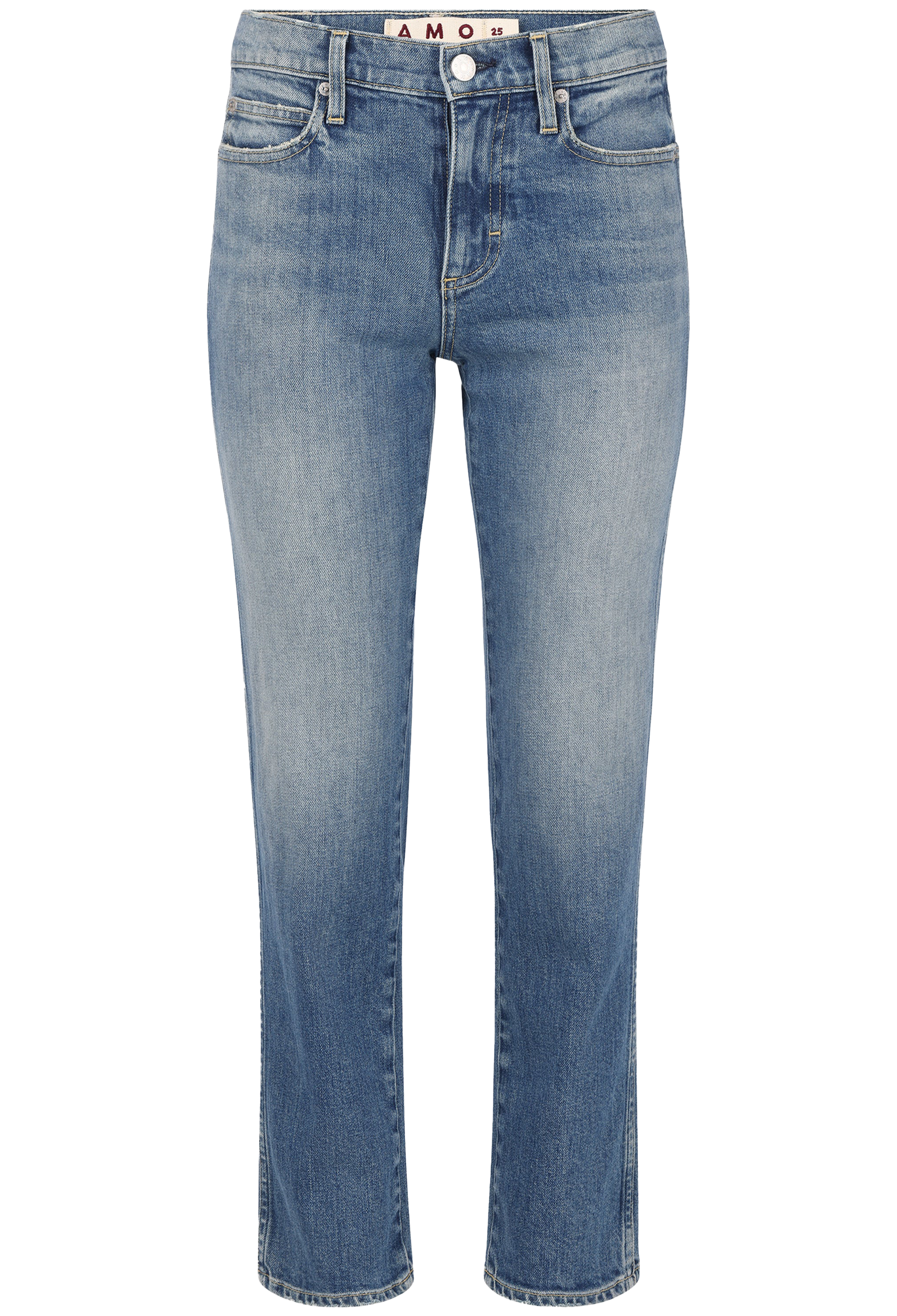 A pair of light blue denim jeans with a faded wash, featuring a straight-leg fit and a visible AMO brand label at the waistband.