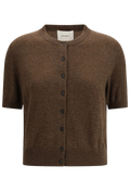 A brown short-sleeve button-front cardigan sweater with a crew neck, shown flat against a plain white background.