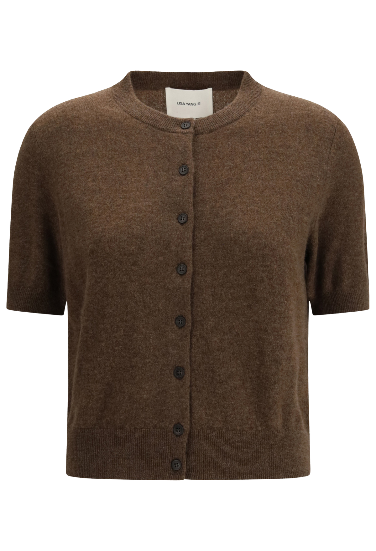 A brown short-sleeve button-front cardigan sweater with a crew neck, shown flat against a plain white background.