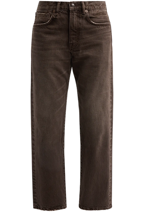 A pair of dark brown washed denim jeans shown flat against a solid white background.
