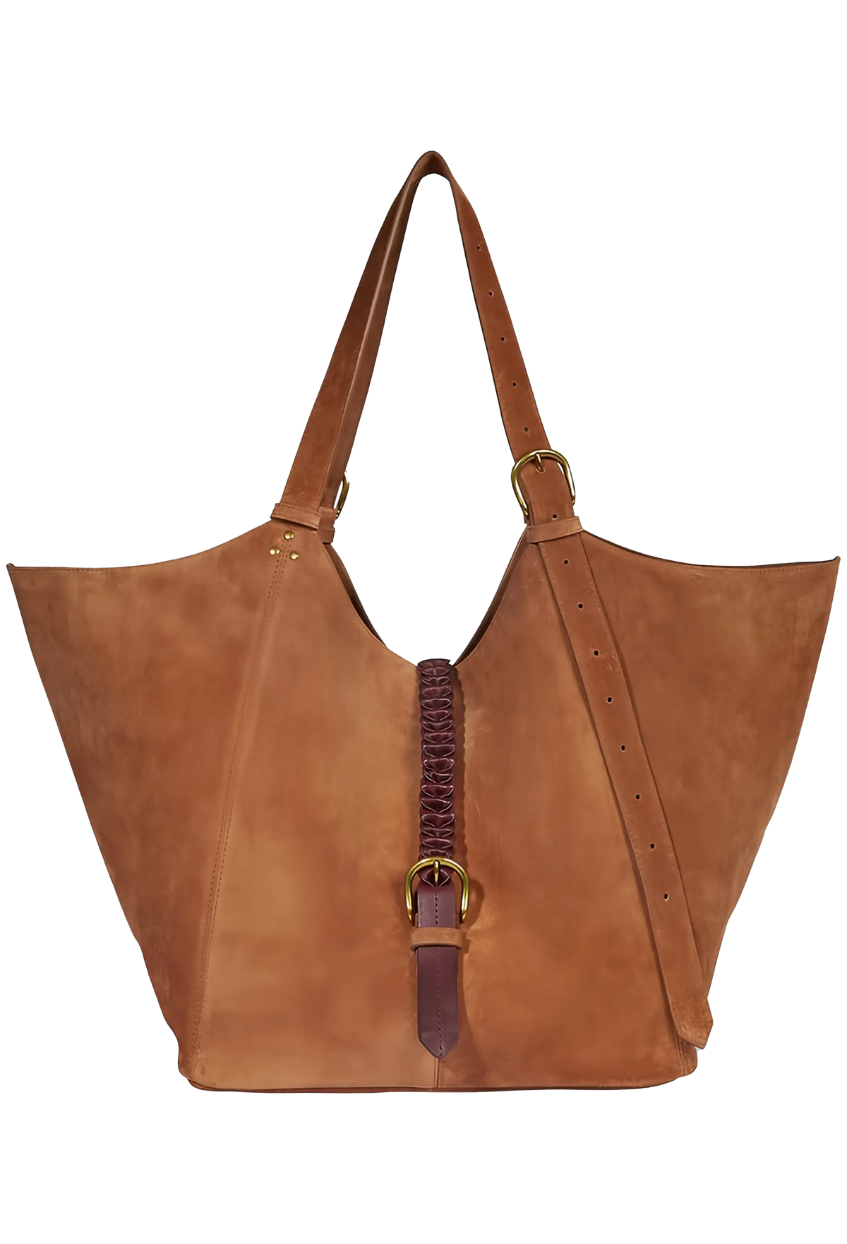 A large tan leather tote bag with wide shoulder straps, a central braided strap, and gold-tone hardware, shown on a plain white background.