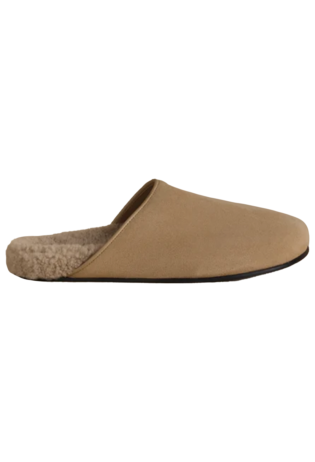 A single tan slip-on mule slipper with a soft fuzzy lining, shown in a side profile against a plain white background.