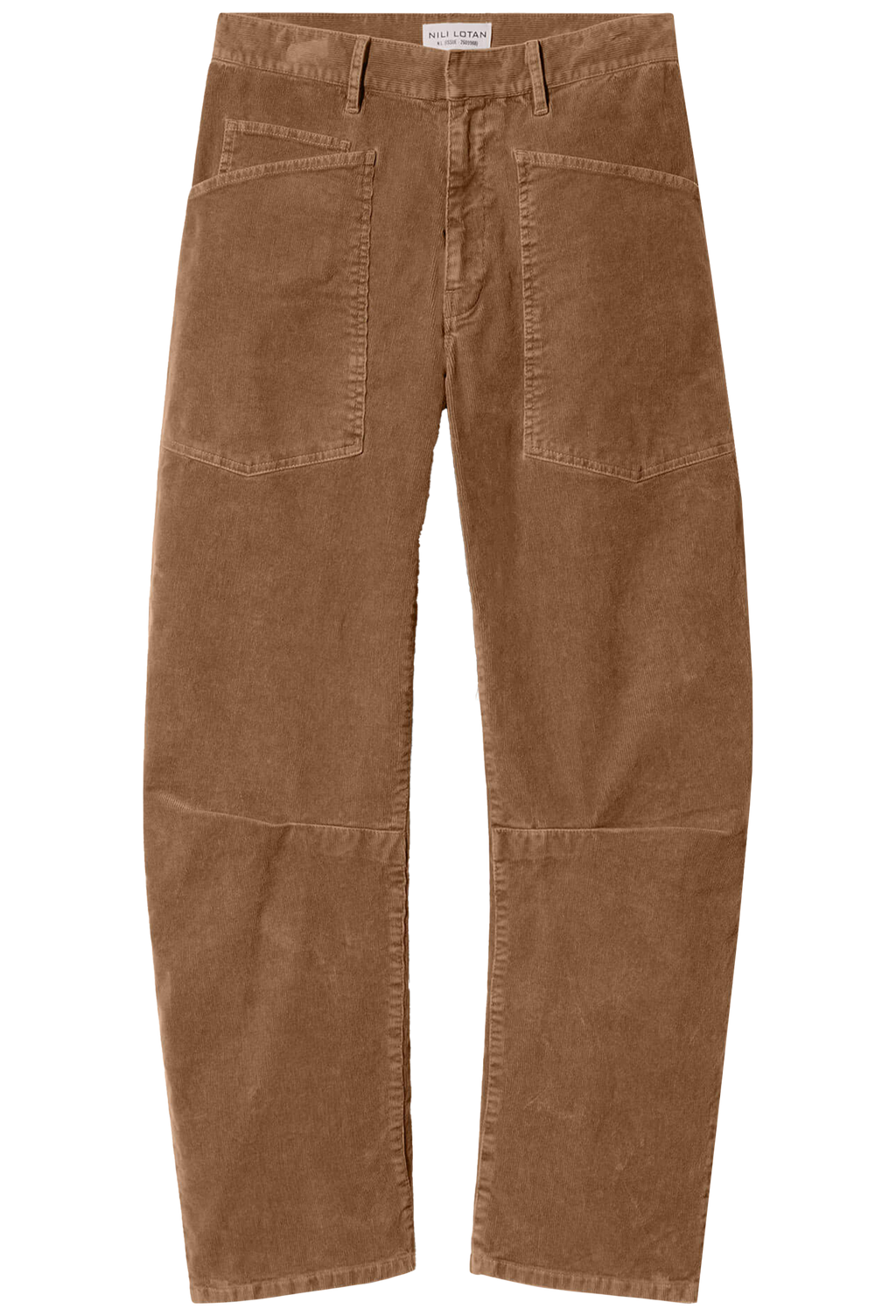 A pair of brown corduroy pants with front patch pockets and knee patch pockets, shown flat against a white background.