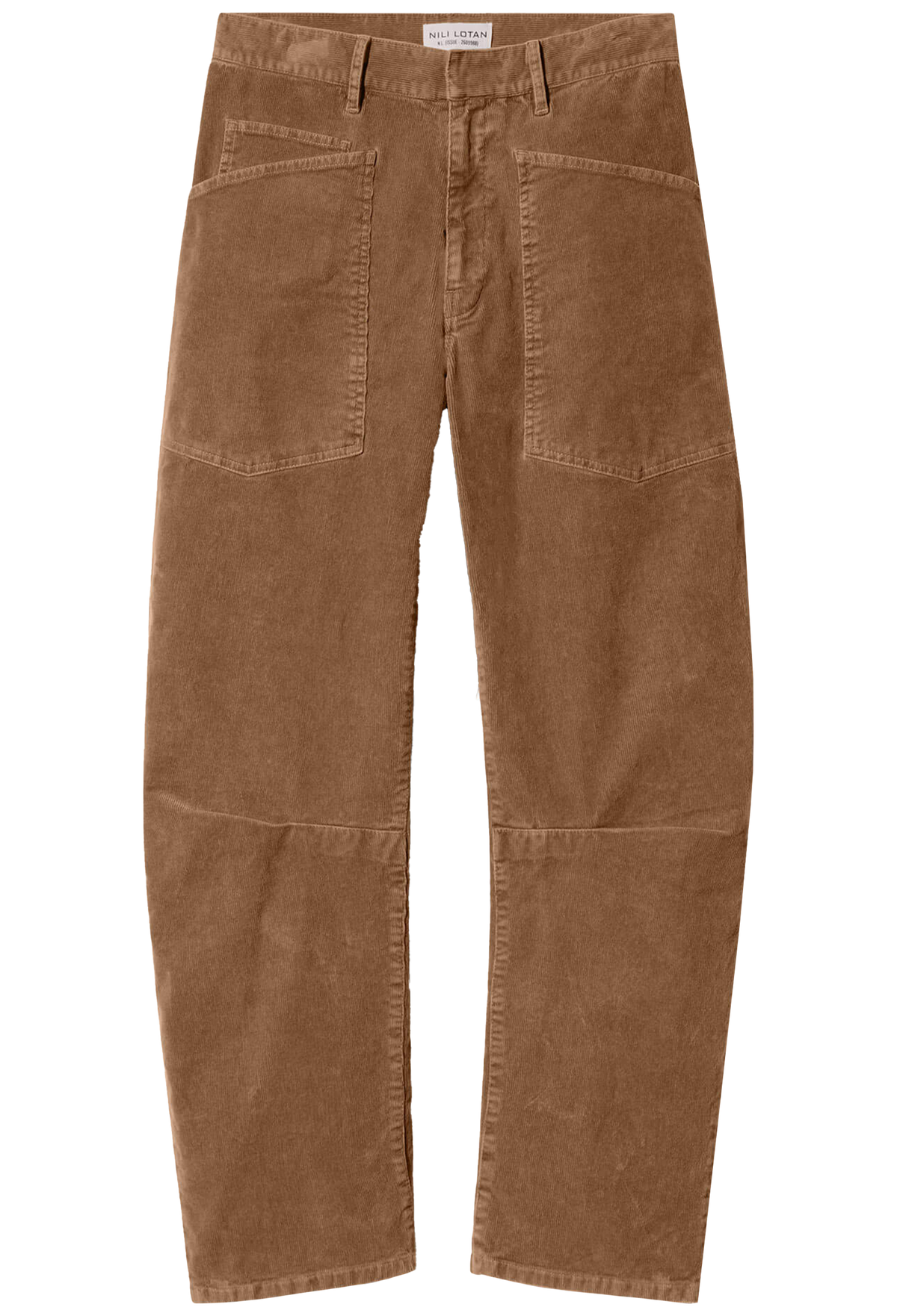 A pair of brown corduroy pants with front patch pockets and knee patch pockets, shown flat against a white background.