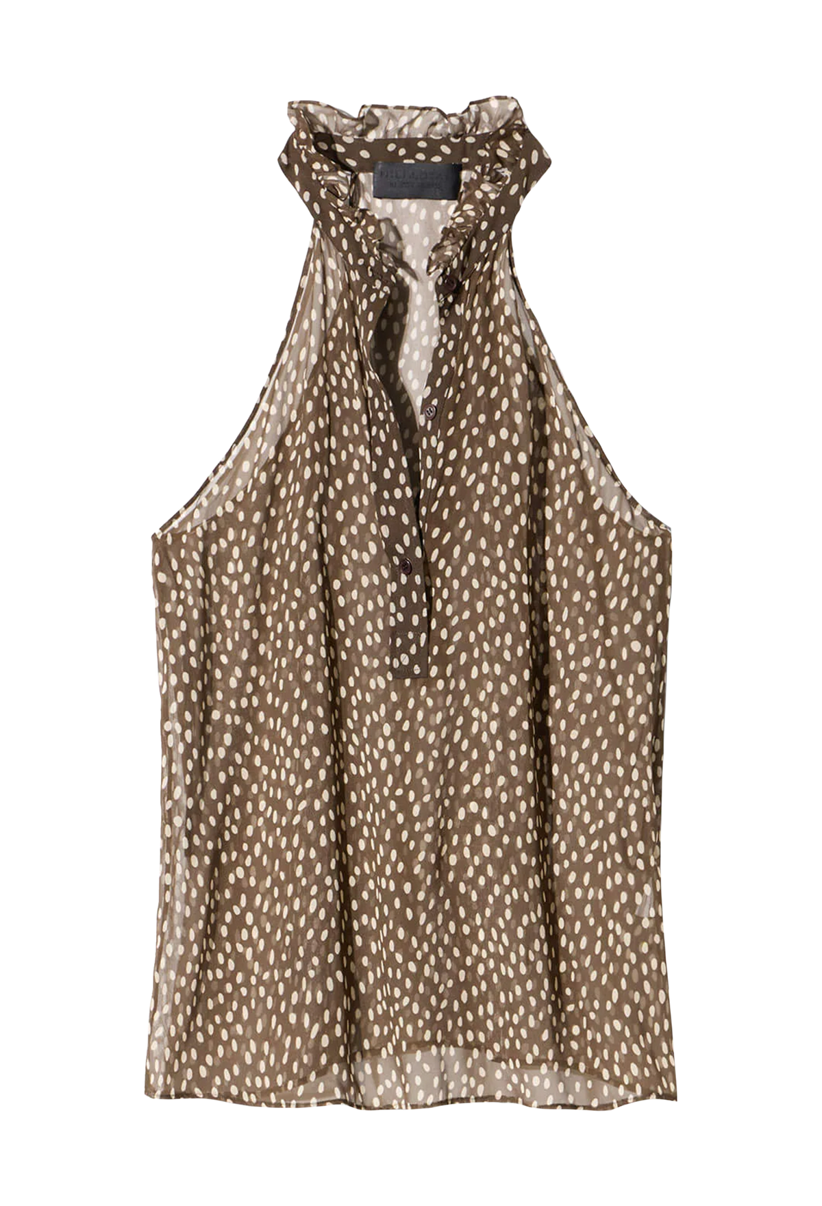 A sleeveless halter-style blouse with a brown and beige animal print pattern, featuring a ruffled high neckline and a split button placket, shown against a plain white background.