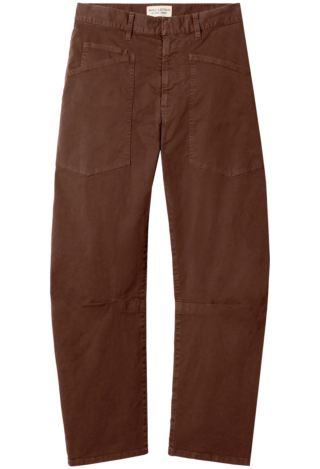 A pair of brown canvas utility pants with reinforced knee patches and angled front cargo pockets, shown flat against a white background.