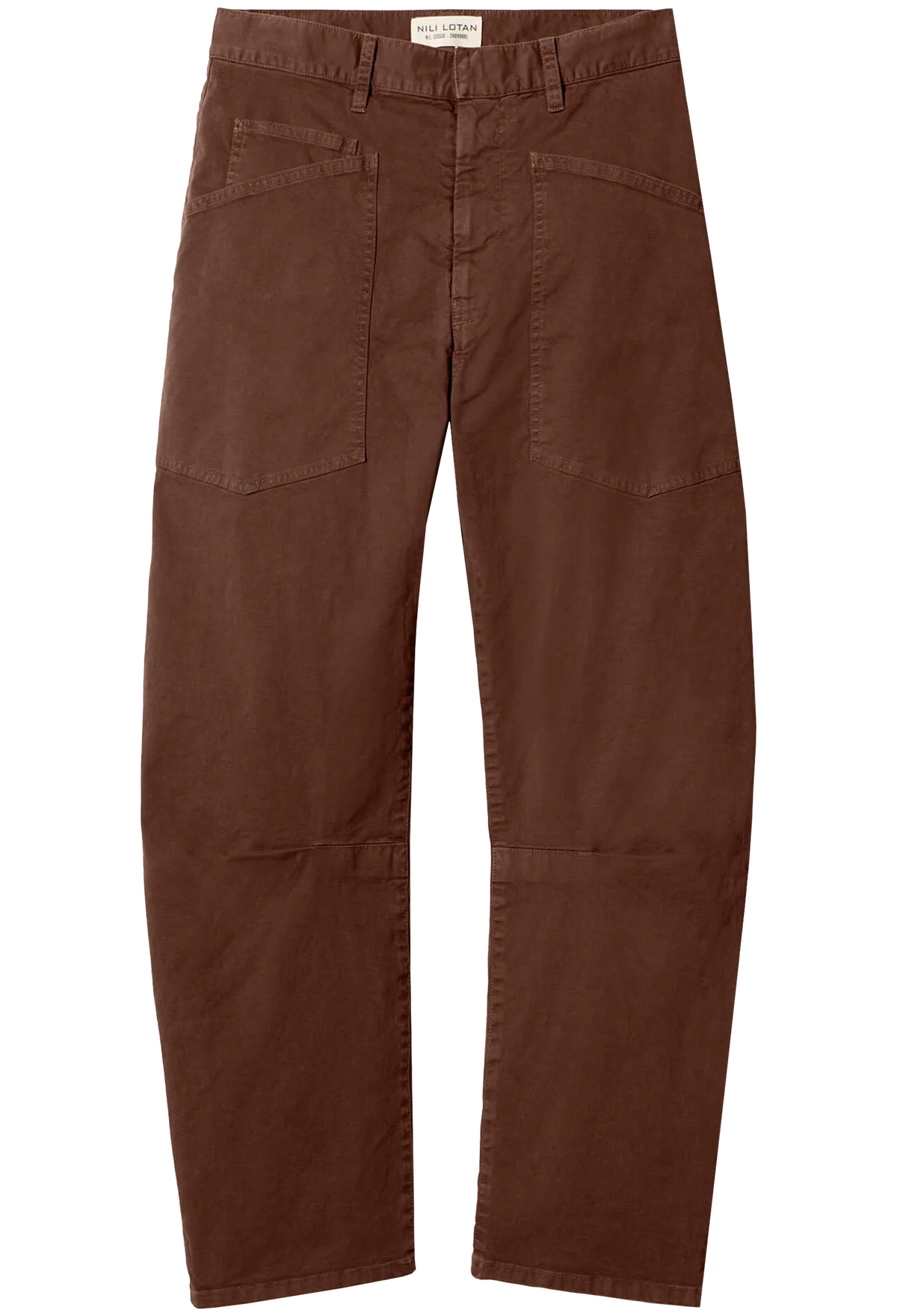 A pair of brown canvas utility pants with reinforced knee patches and angled front cargo pockets, shown flat against a white background.