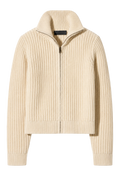 A cream-colored ribbed knit zip-up jacket with a stand-up collar, displayed on a clean white background.