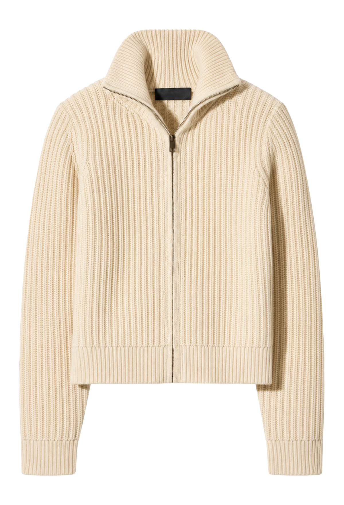 A cream-colored ribbed knit zip-up jacket with a stand-up collar, displayed on a clean white background.