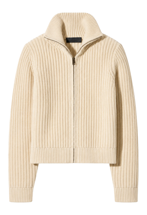 A cream-colored ribbed knit zip-up jacket with a stand-up collar, displayed on a clean white background.