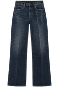 A pair of dark blue straight-leg jeans with a faded wash, shown flat against a solid white background.