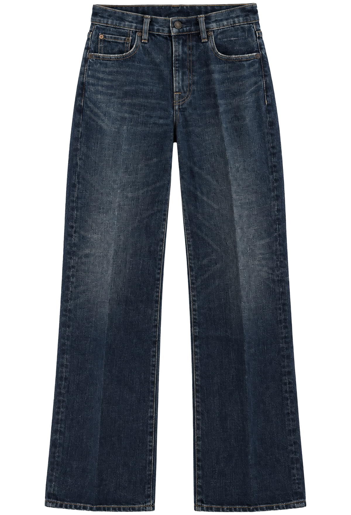 A pair of dark blue straight-leg jeans with a faded wash, shown flat against a solid white background.
