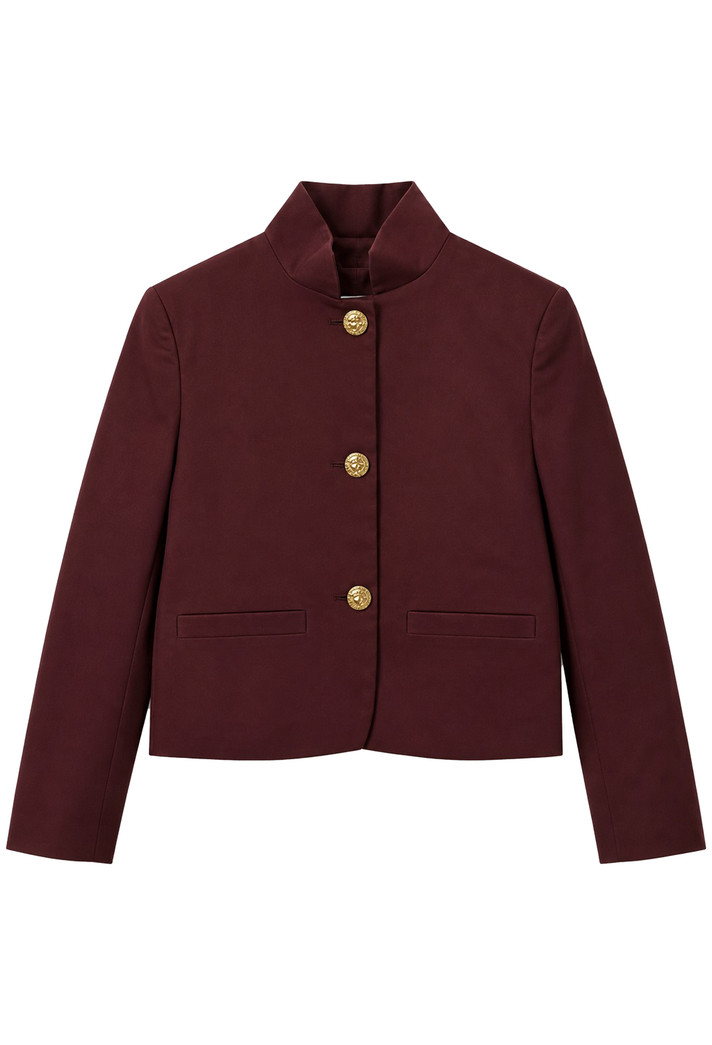 A cropped, long-sleeve blazer in deep burgundy with a high stand collar and three gold buttons, displayed on a clean white background.