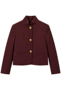 A cropped, long-sleeve blazer in deep burgundy with a high stand collar and three gold buttons, displayed on a clean white background.