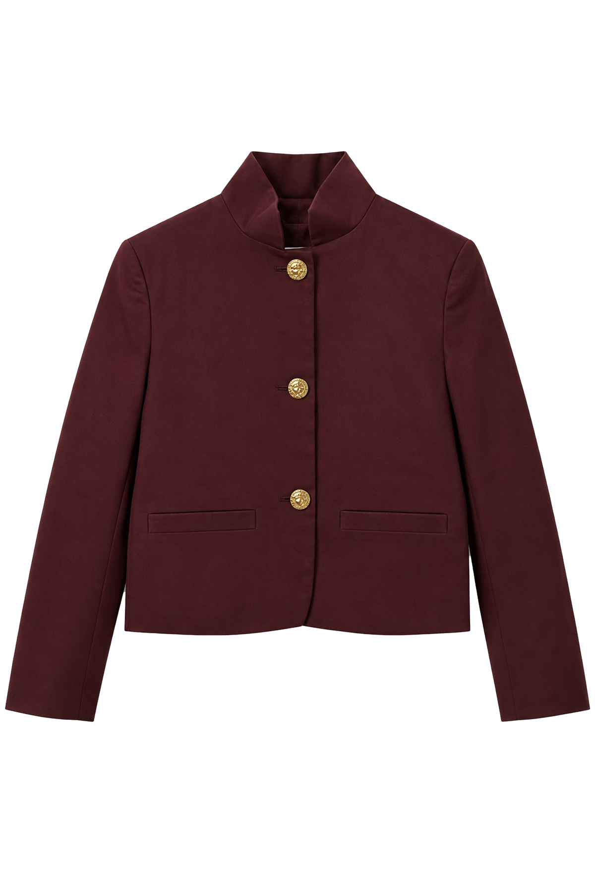 A cropped, long-sleeve blazer in deep burgundy with a high stand collar and three gold buttons, displayed on a clean white background.