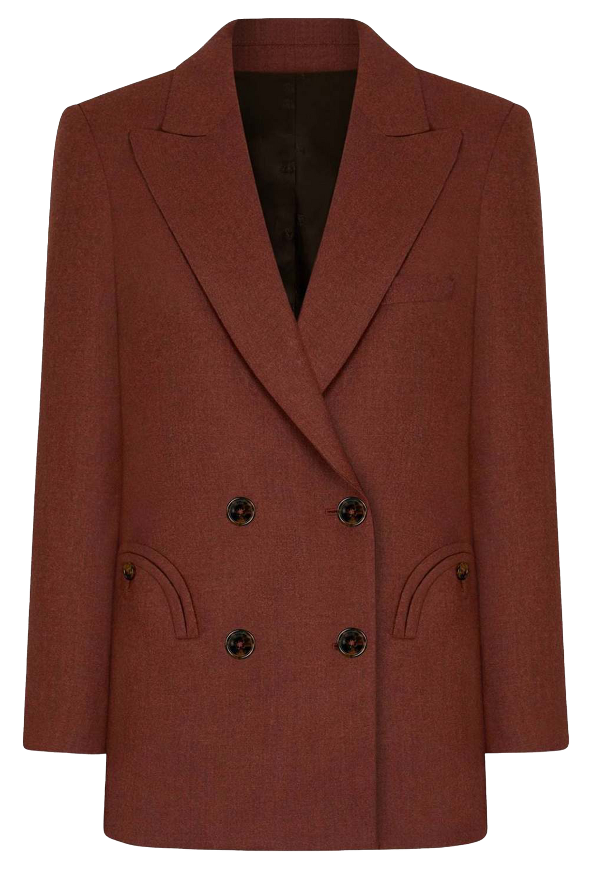 A double-breasted blazer in a warm rust brown color, featuring notched lapels, a six-button front closure, and curved welt pockets, shown against a plain white background.