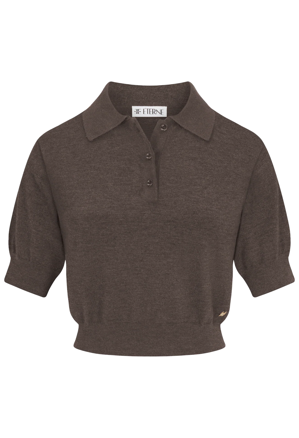 A cropped short-sleeve knit polo shirt in a dark brown heather color, featuring a collar, three-button placket, and a small embroidered logo on the lower hem.