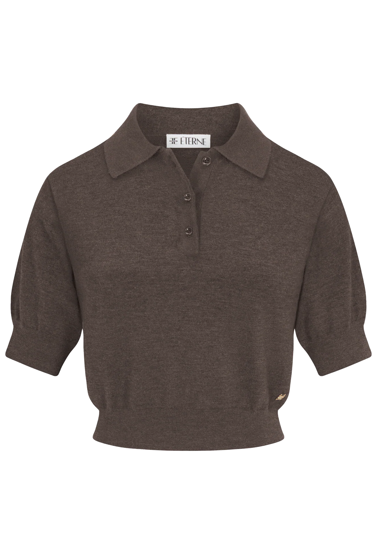 A cropped short-sleeve knit polo shirt in a dark brown heather color, featuring a collar, three-button placket, and a small embroidered logo on the lower hem.