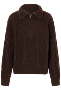 A dark brown cable-knit sweater with a mock neck and a short front zipper, shown against a plain white background.