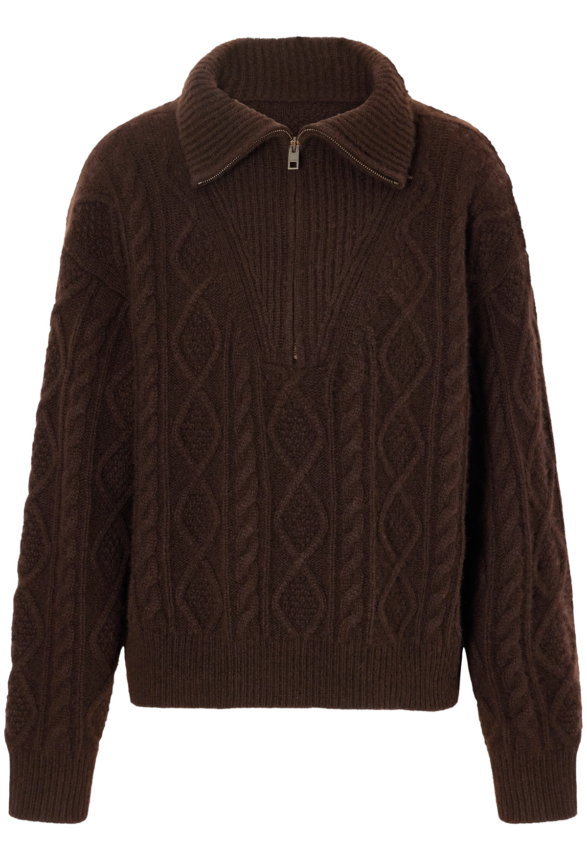 A dark brown cable-knit sweater with a mock neck and a short front zipper, shown against a plain white background.