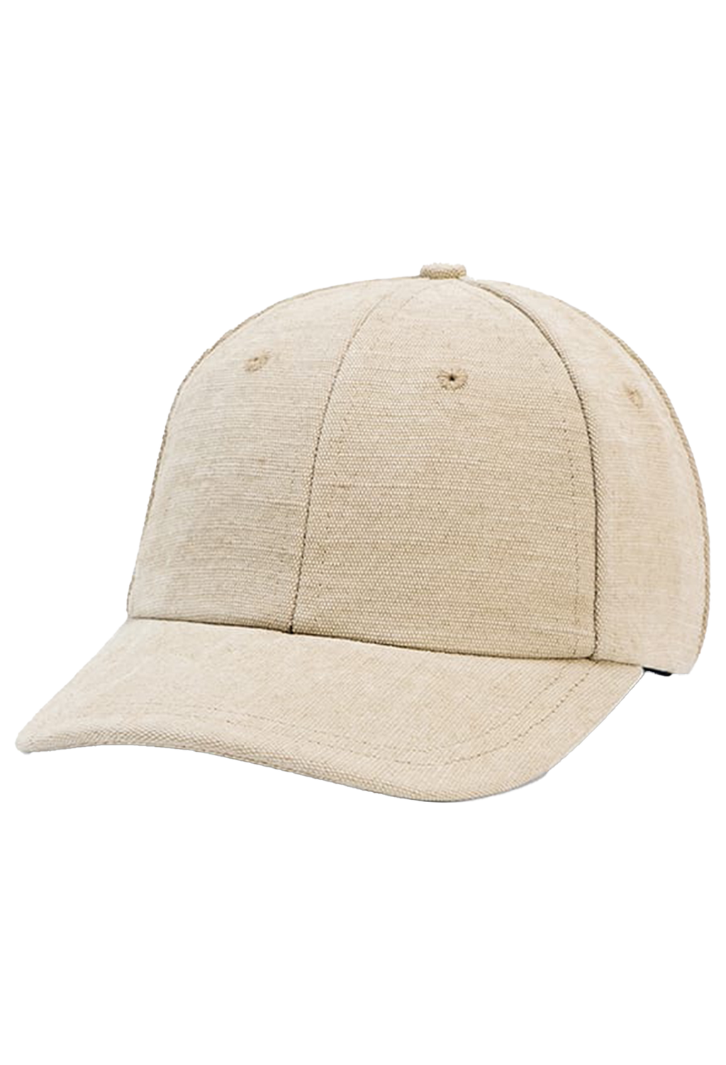 A light beige textured baseball cap with a curved brim, photographed on a solid white background.