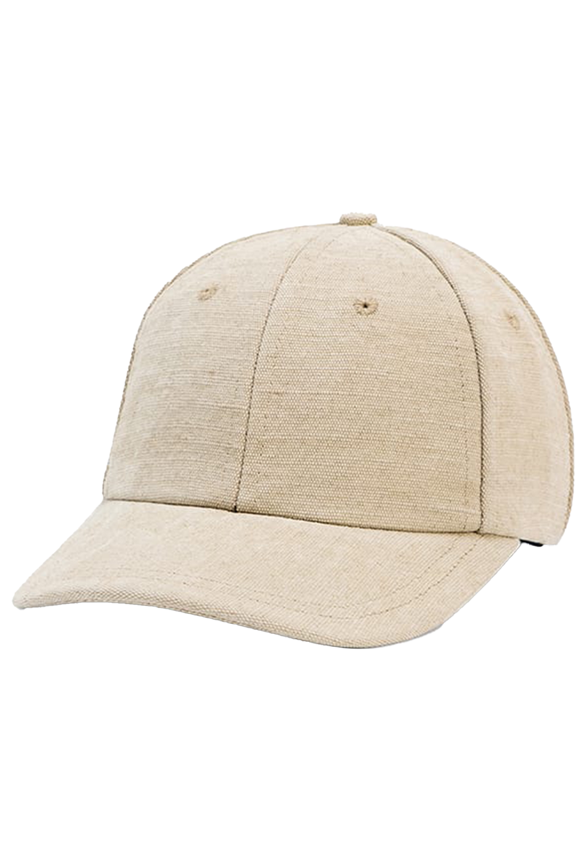 A light beige textured baseball cap with a curved brim, photographed on a solid white background.