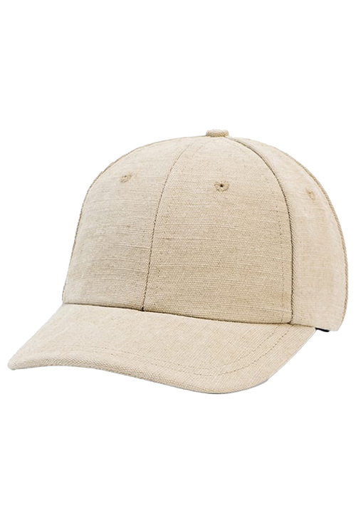 A light beige textured baseball cap with a curved brim, photographed on a solid white background.