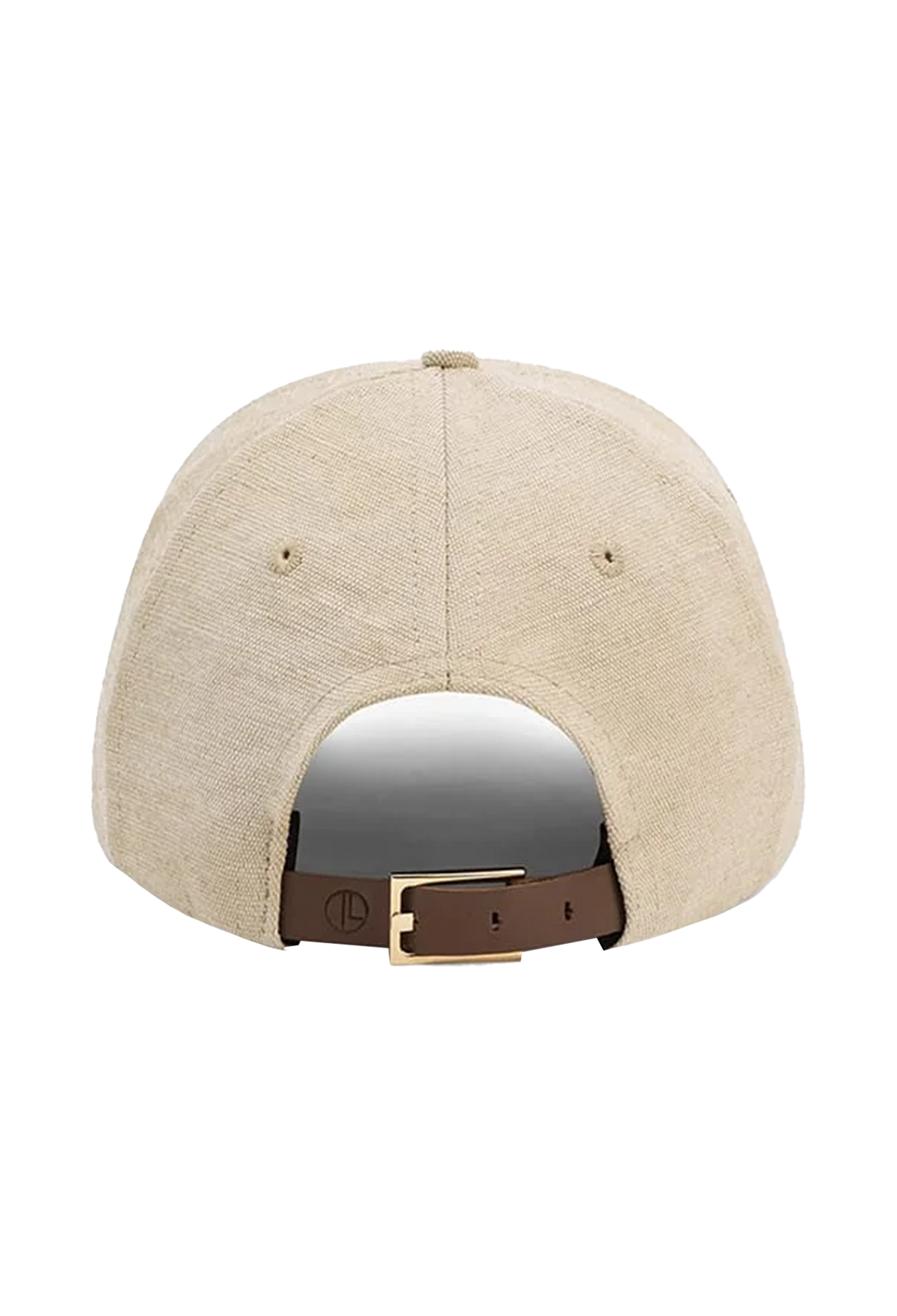 Back view of a beige textured baseball cap with a brown adjustable strap and gold-tone buckle on a white background.