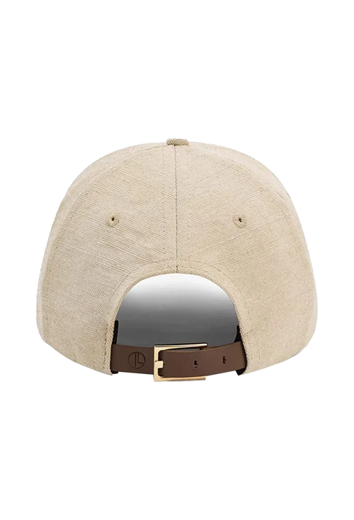 Back view of a beige textured baseball cap with a brown adjustable strap and gold-tone buckle on a white background.