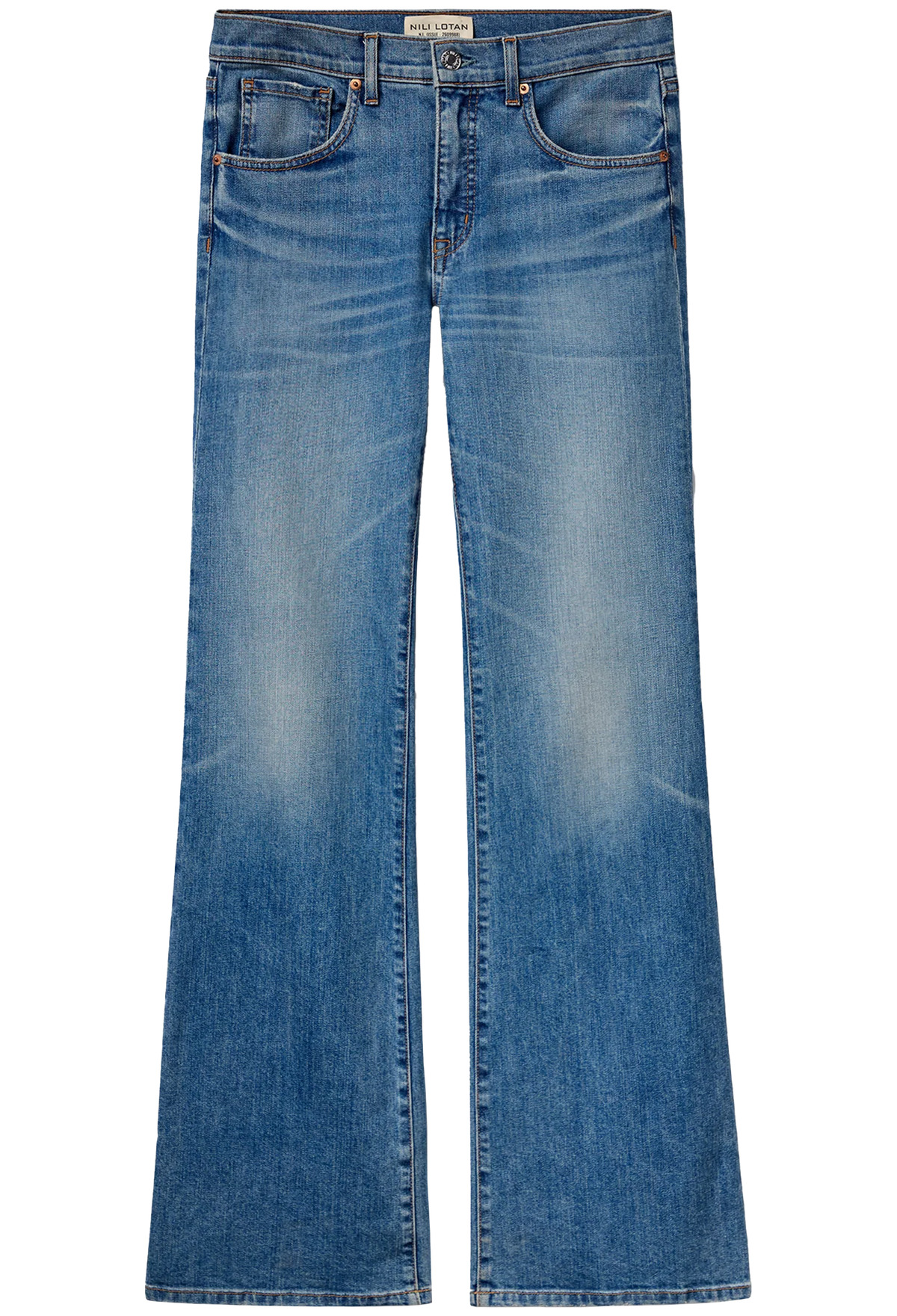 A pair of blue denim jeans with a flared leg, featuring a faded wash and classic five-pocket design, shown against a plain white background.