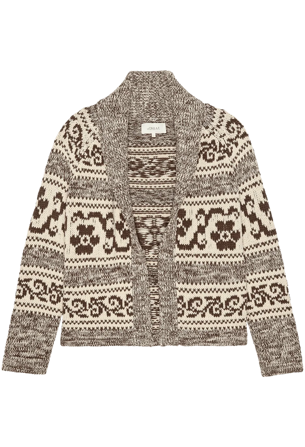 A knit cardigan sweater with a brown and cream Fair Isle pattern, shown flat against a white background.