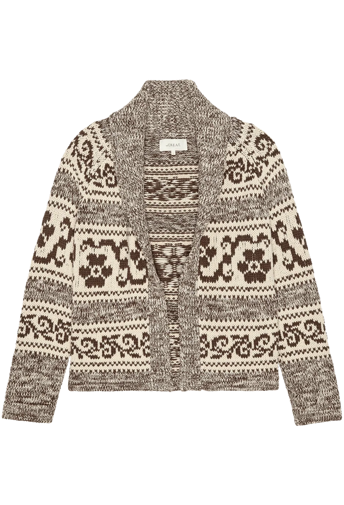 A knit cardigan sweater with a brown and cream Fair Isle pattern, shown flat against a white background.