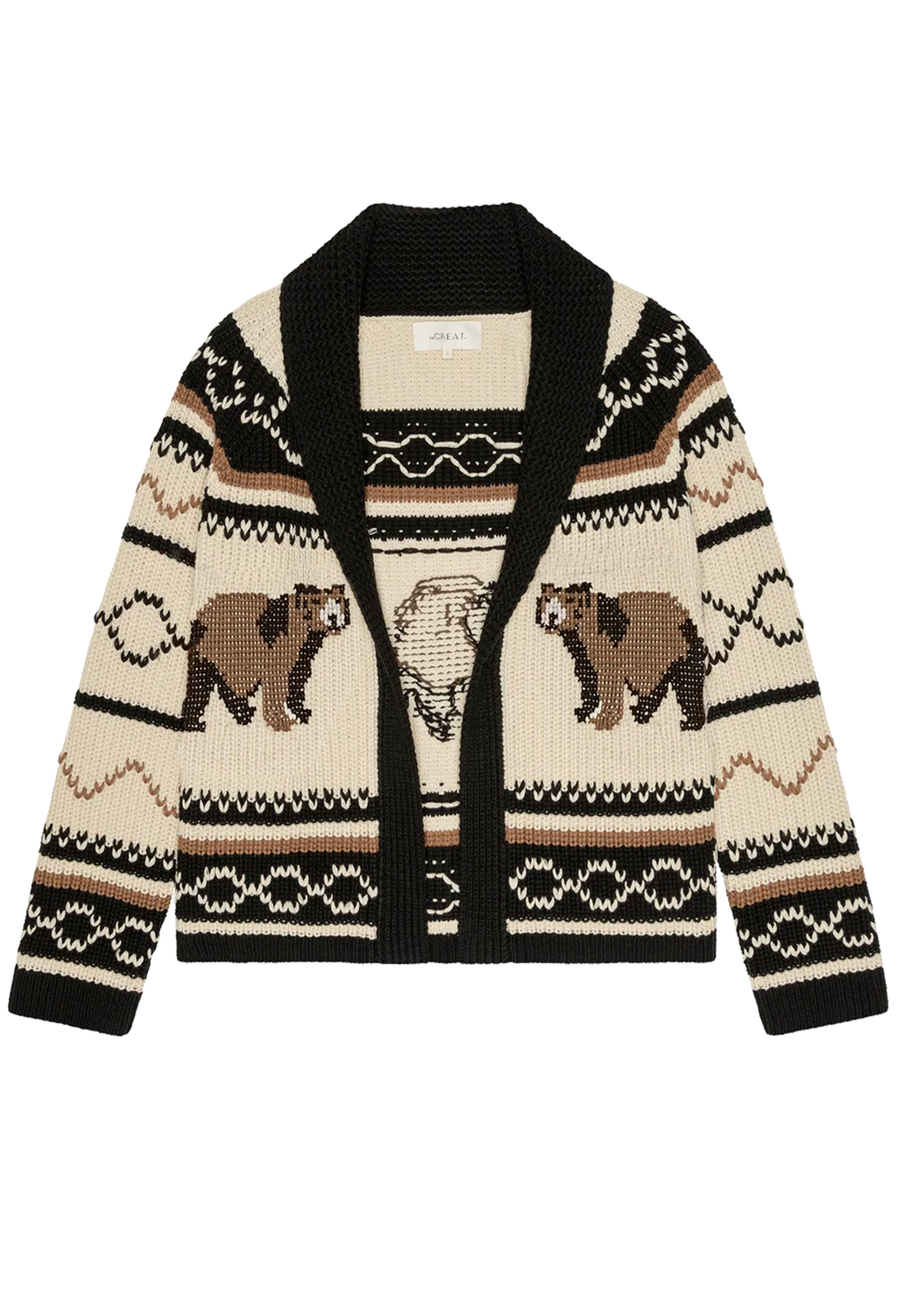 A cream and black knit cardigan sweater featuring brown and black bear motifs, displayed flat against a white background.