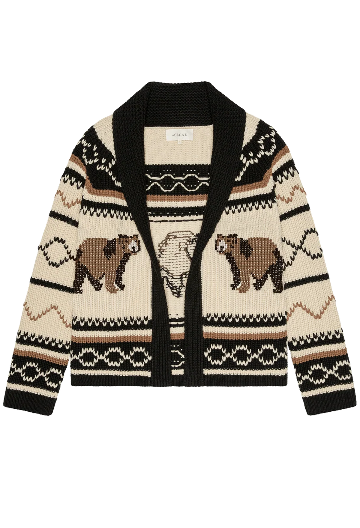 A cream and black knit cardigan sweater featuring brown and black bear motifs, displayed flat against a white background.