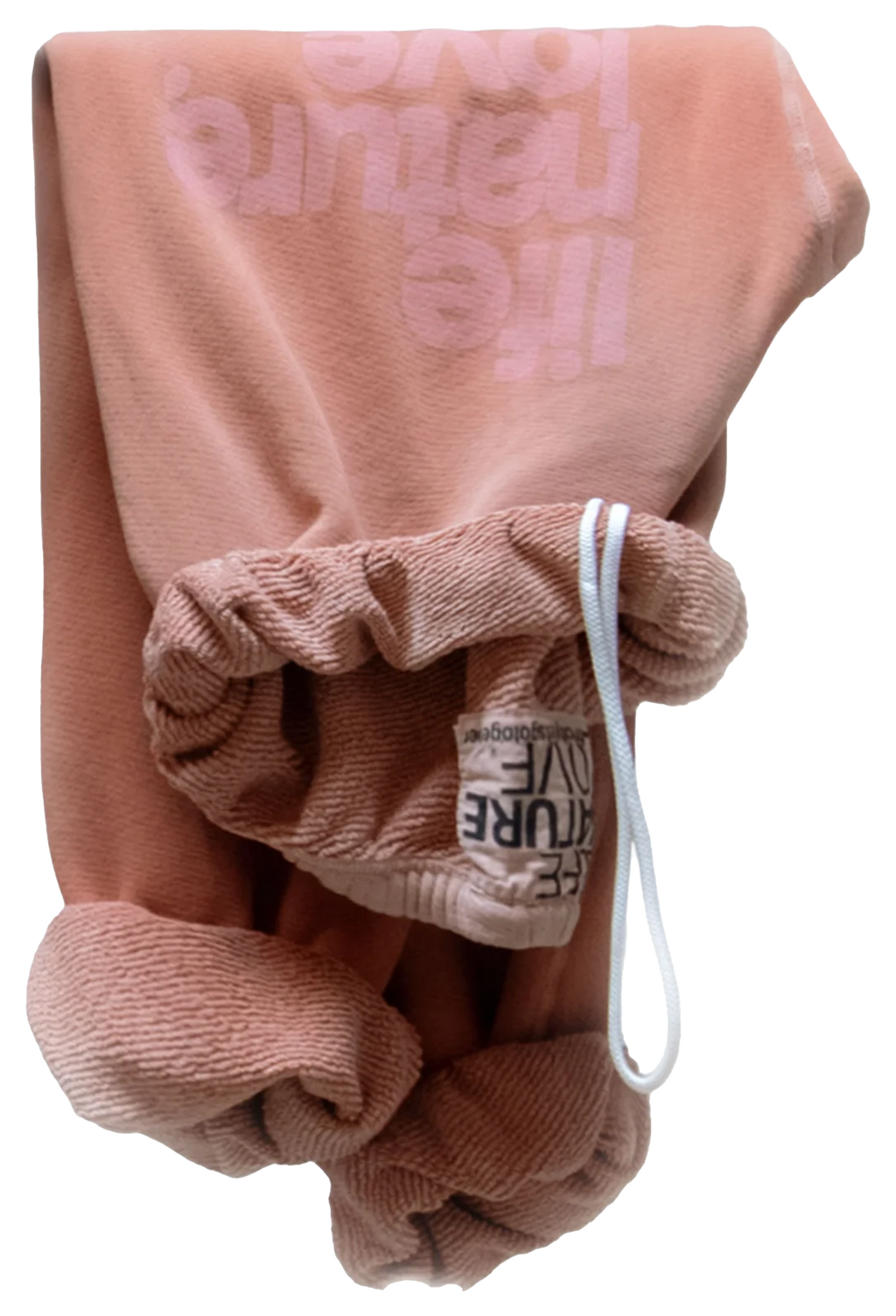 A dusty pink fleece sweatshirt with 'the nature of love' printed in a lighter pink on the chest, featuring a matching pink drawstring hood and a white drawstring cord.