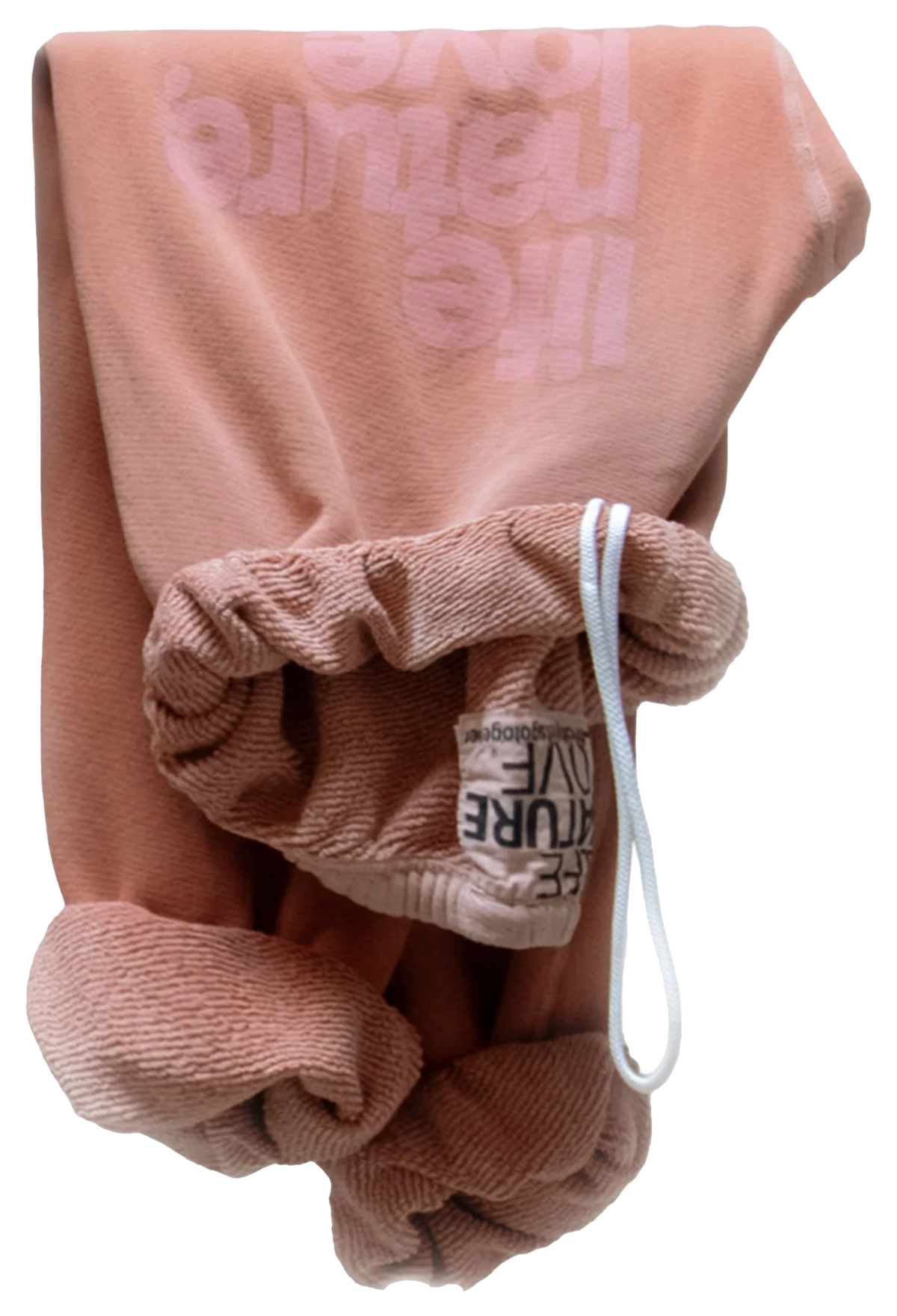 A dusty pink fleece sweatshirt with 'the nature of love' printed in a lighter pink on the chest, featuring a matching pink drawstring hood and a white drawstring cord.