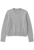 A light gray crewneck knit sweater with ribbed collar, cuffs, and hem, displayed flat against a solid white background.