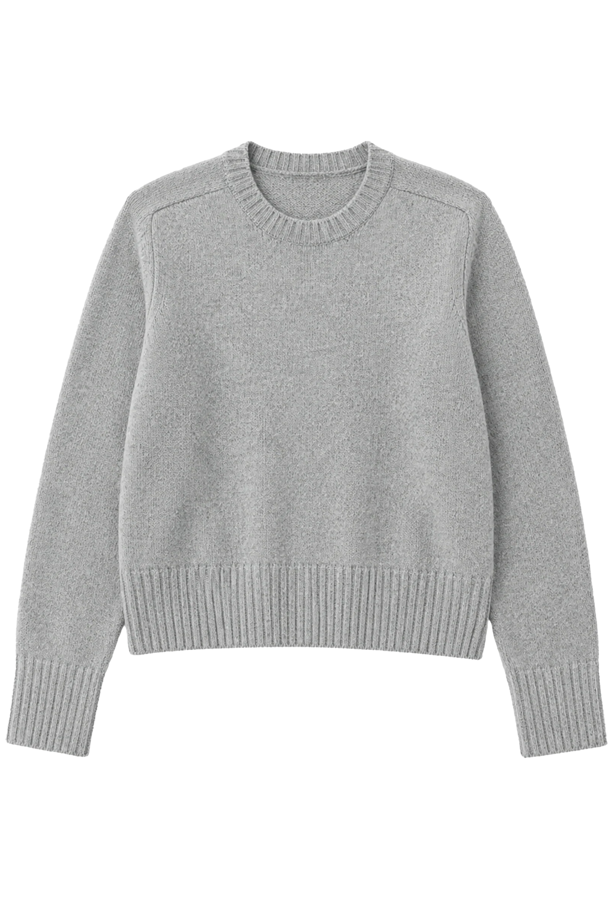 A light gray crewneck knit sweater with ribbed collar, cuffs, and hem, displayed flat against a solid white background.