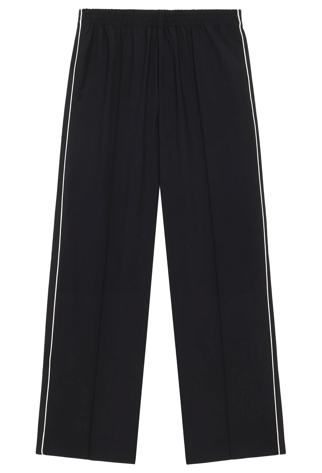 Black wide-leg trousers with white double-piping stripes down the sides, shown flat against a white background.