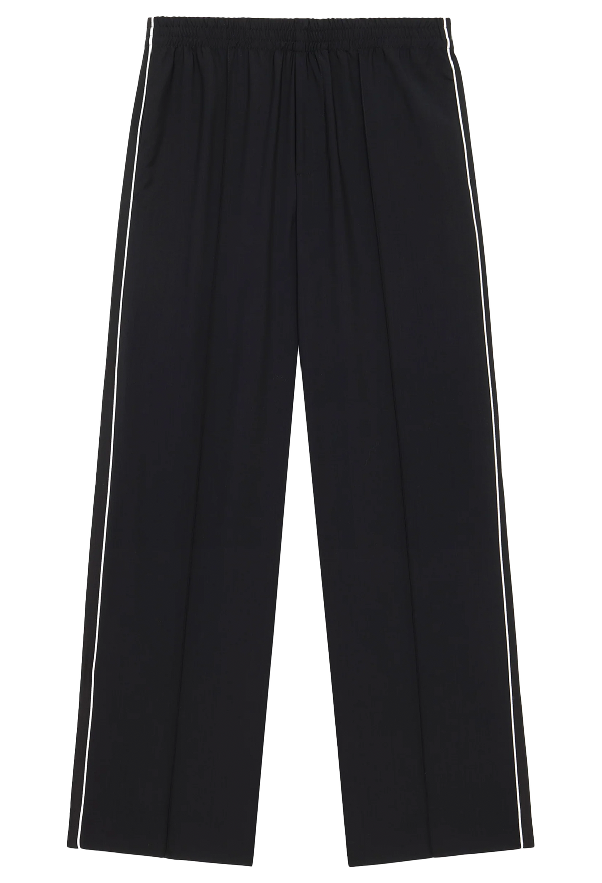 Black wide-leg trousers with white double-piping stripes down the sides, shown flat against a white background.
